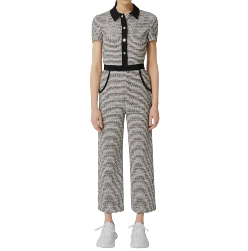 Maje Penala Tweed Jumpsuit Cropped Black & White Size 38/US Medium MSRP $445 - Picture 2 of 8